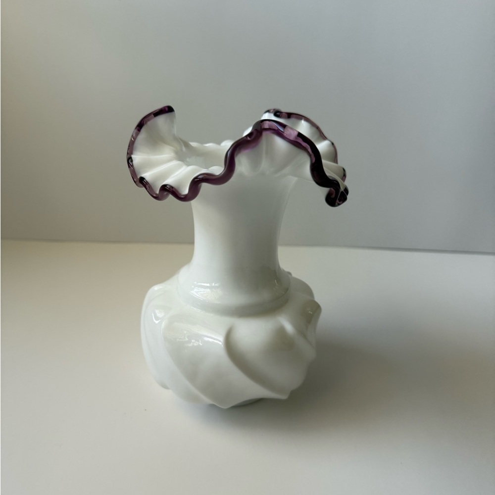 Fenton White Vase with Purple Ruffled Edge
